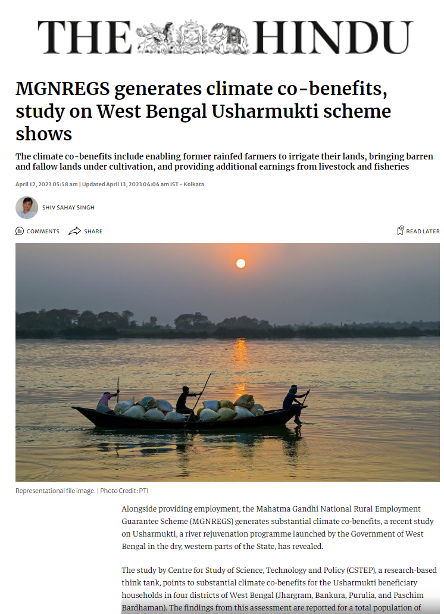CSTEP’s study mentioned in and Tashina Madappa quoted by The Hindu on the climate co-benefits of MGNREGS